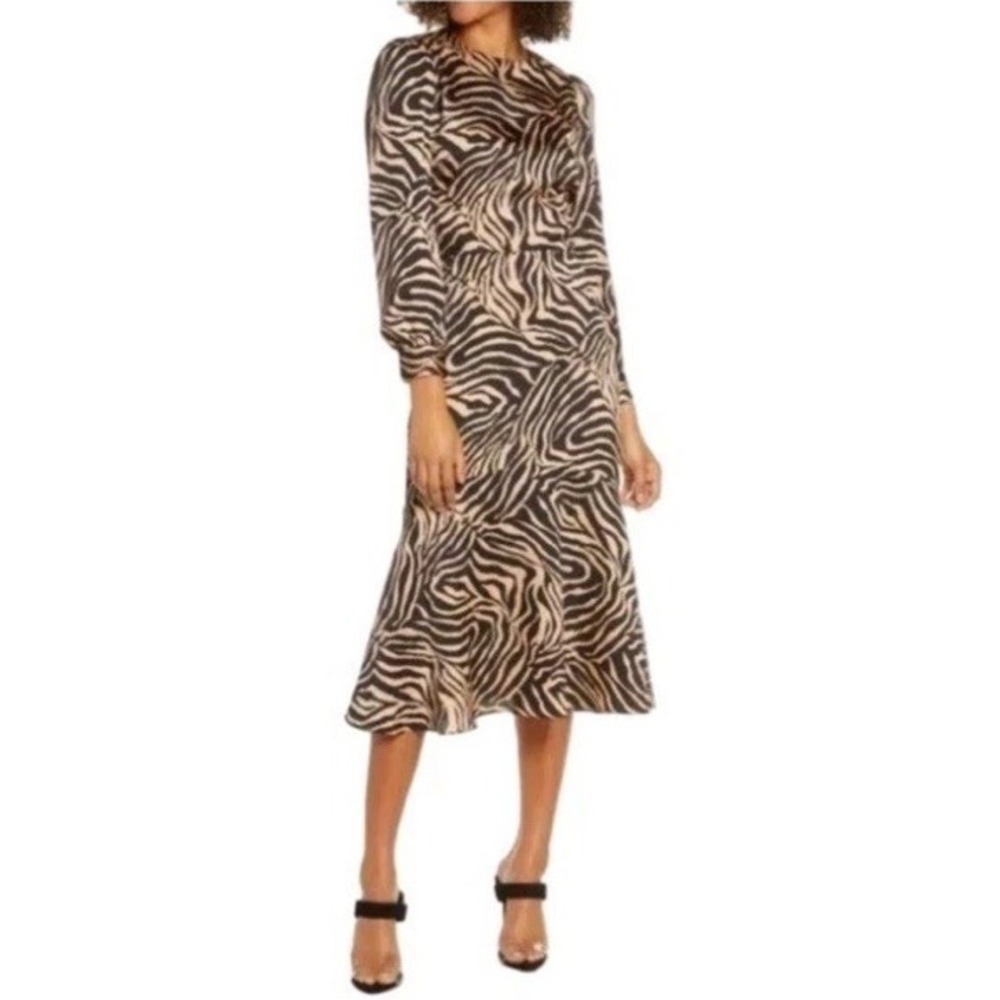 NWT Chelsea28 Zebra Print Midi Dress Long Puff Sleeve Size Medium
